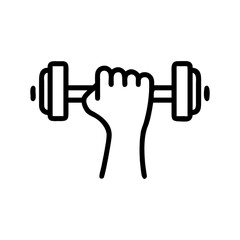 Simple line art icon of a hand holding a dumbbell for fitness and weight training.