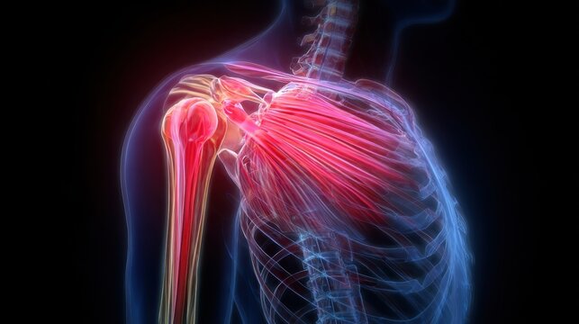 diagram demonstrating biomechanics of shoulder impingement syndrome focused on irritated supraspinatus tendon in red hue.