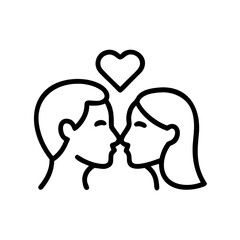 Romantic couple kissing icon with a love heart. Man and woman in a relationship, simple line art.