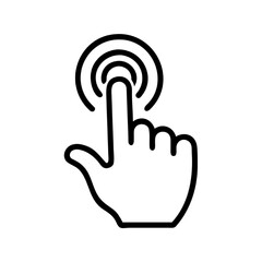 Hand pointer clicking a button icon. Vector line art of a finger tap for user interface.
