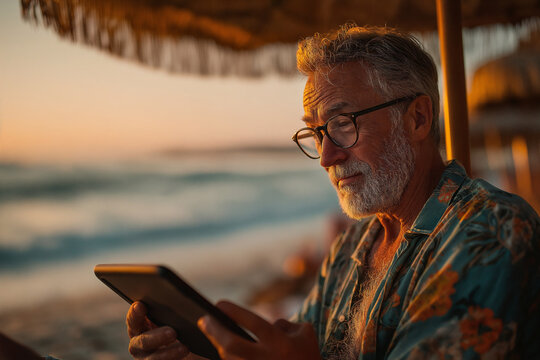 Elderly man wearing glasses using a digital tablet at the beach during sunset under a straw umbrella