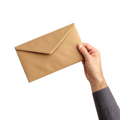 Fototapeta premium A hand holds a brown kraft paper envelope against a transparent background