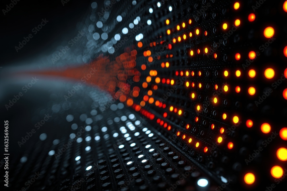 Poster flowing data stream on a digital circuit board with light trails and bokeh
