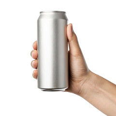 A mans hand holds a blank aluminum can against a clean transparent background