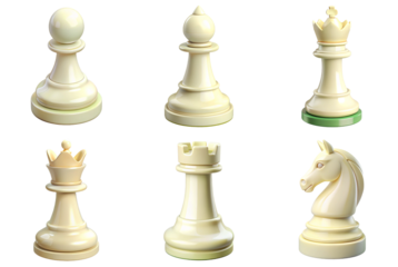 Elegant ivory chess pieces including king, queen, knight, and rook for chess game concept
