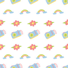 Seamless Pattern with Rainbows, Flowers, and Cameras