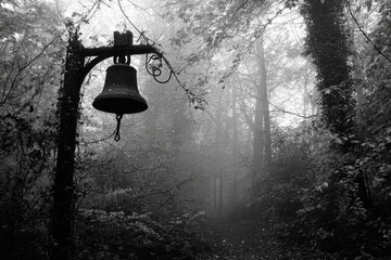 Foggy forest path with antique bell