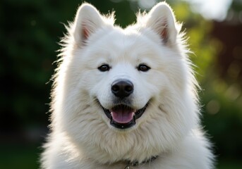 Obraz premium A beautiful Samoyed dog with a big smile in the sunlight, portrait view.