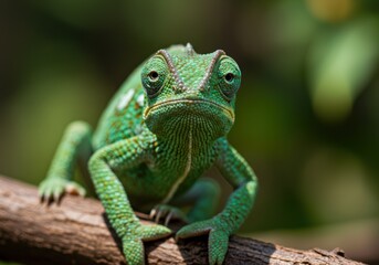 Fototapeta premium A captivating portrait of a green chameleon, perched on a tree branch in its natural habitat.