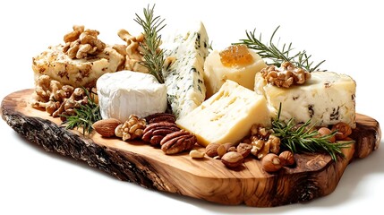 Artfully arranged cheese board featuring assorted cheeses nuts and fresh herbs on rustic wood