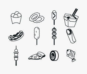 Minimalist Line Art Street Food and Fast Food Vector Collection. Burger, Pizza, Fries, Skewers, and Snacks Outline Set