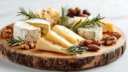 Artfully arranged cheese board featuring assorted cheeses nuts and fresh rosemary sprigs