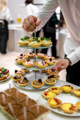 Person in white shirt arranging a tray of assorted mini tarts and pastries at a buffet event, showcasing colorful and appetizing gourmet desserts.