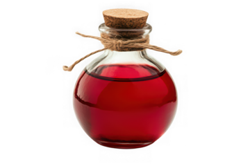 Small glass bottle filled with red liquid and cork stopper tied with twine