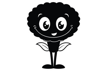 Cheerful cartoon flower with cute smiling face and leaves stands isolated on white