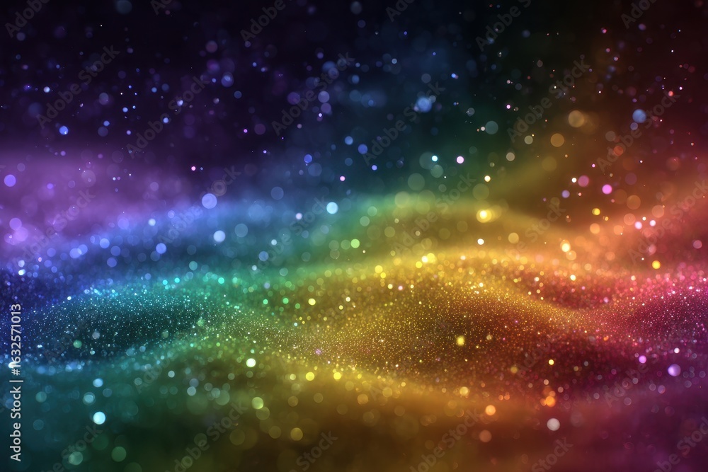 Poster glittering sparkles on a multicolored wave with a dreamy, magical feel and soft bokeh effects