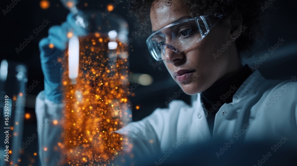 Poster a scientist extracting samples from a bioreactor their focus intense as they prepare to analyze the 