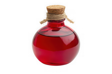 Vintage glass potion bottle filled with red liquid and cork stopper