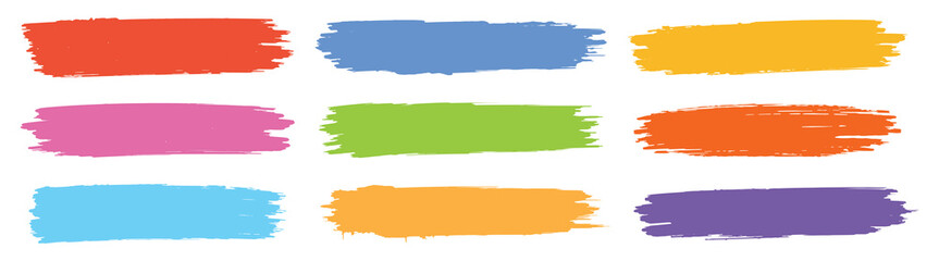 Collection of colorful and black painted brush stroke rectangles in grunge style&mdash;perfect for graphic design, banners, labels, or hand-drawn creative accents.