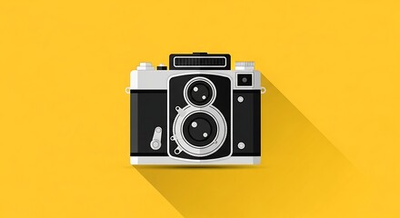 Vintage Twin Lens Reflex Camera Flat Design Icon on Yellow Background with Long Shadow