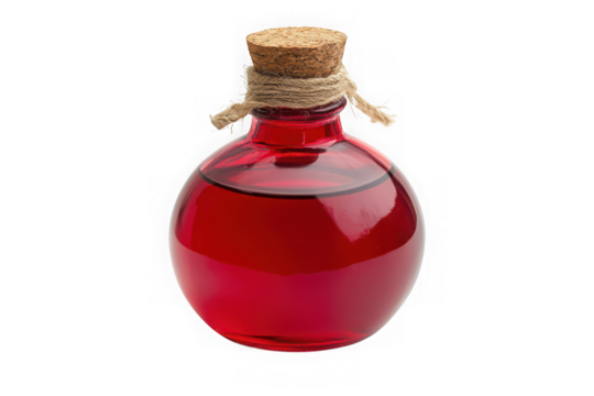 Vintage glass potion bottle filled with red liquid and cork stopper