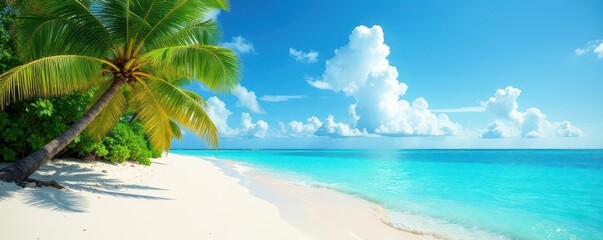 Obraz premium Idyllic tropical beach; palm trees, turquoise water, white sand, clouds, vibrant