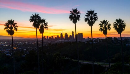 Obraz premium Los Angeles Skyline at Sunset with Silhouetted Palm Trees