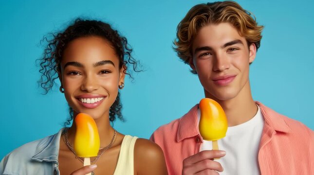 Propitious mango ice cream held by smiling friends, viral fruit shaped popsicle, tropical summer dessert, creamy frozen snack, colorful trendy treat