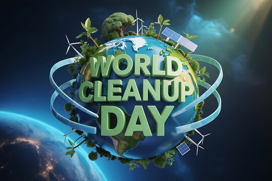 Celebrate World Cleanup Day with a vibrant, green planet showcasing renewable energy and lush nature, inspiring global environmental action and sustainability efforts.