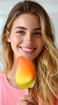 Propitious mango ice cream, smiling woman, tropical popsicle, summer dessert, fruity treat, colorful sorbet, joyful moment, vibrant snack, frozen mango flavor, happy expression