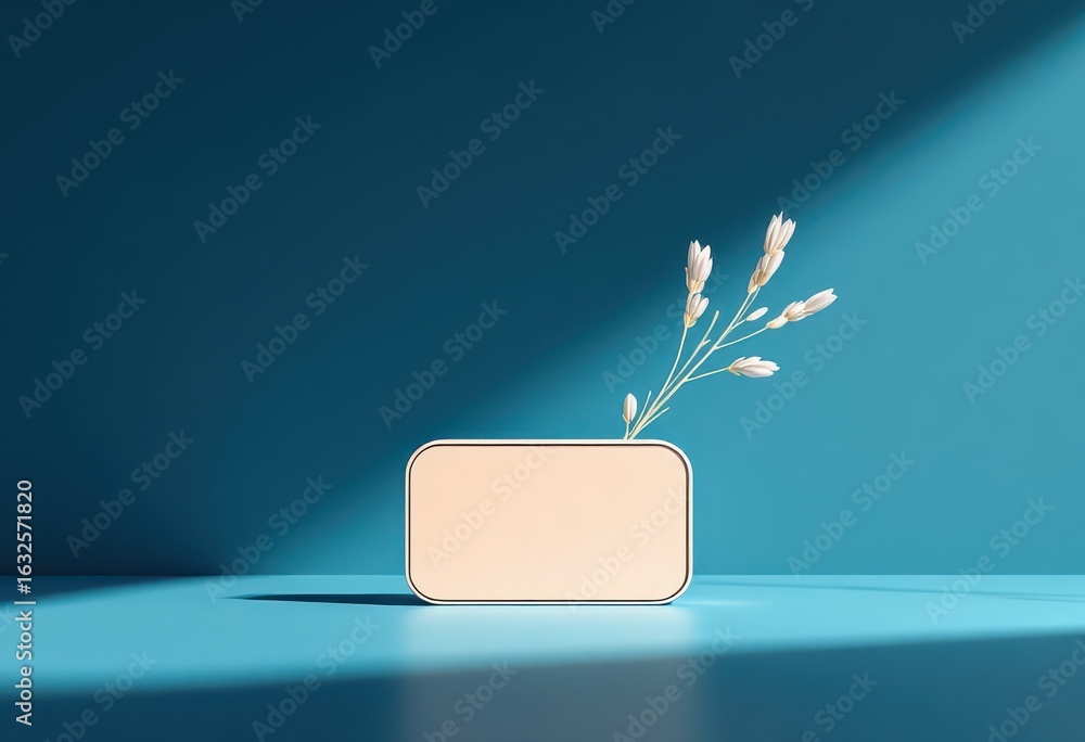 Poster empty display box with small white flowers.
