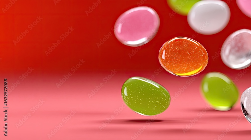 Poster floating translucent pastel blobs on red background