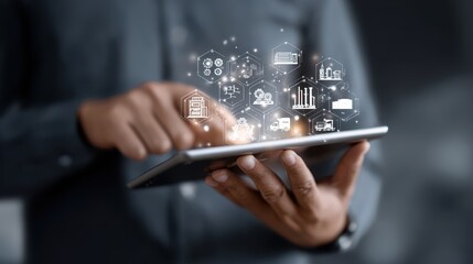 Man interacting with virtual icons on a digital tablet during the day for a Business meeting