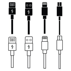 USB cable icon set. USB cable type C, B, A. USB cable line icon, cable vector. Mobile phone charging cable. Micro USB cables. Vector illustration.