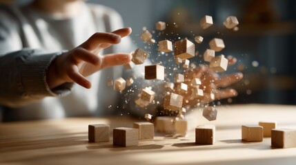 Child's hands manipulate floating wooden blocks