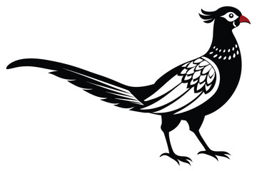 Decorative Black Pheasant with Red Beak and Long Tail on White Background Icon