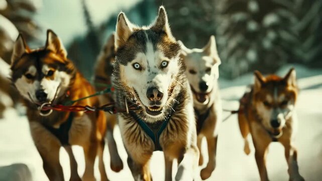 Dramatic winter scene with a team of Siberian huskies racing in formation on a snowy trail, led by a human musher, showcasing the strength and agility of these iconic dogs.
