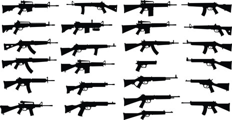 Twenty-five firearm silhouettes in grid layout, rifles and handguns, black vector icons, white background, weapon collection, military illustration, gun shapes