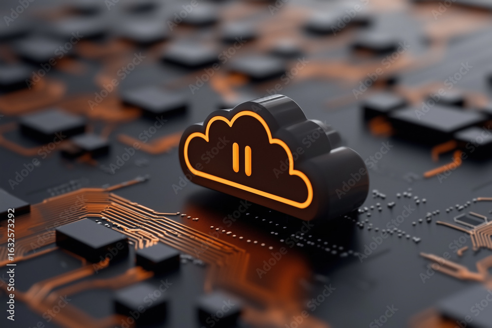 Poster cloud computing technology is paused, symbolized by a pause button on a cloud icon resting on a circ