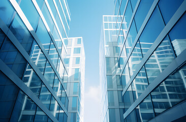 Upward view of modern skyscrapers against a bright blue sky with fluffy clouds capturing urban architecture and city development with a low angle shot