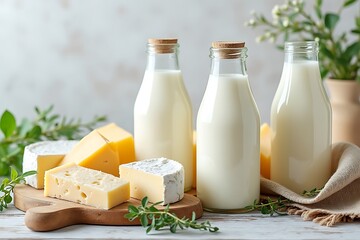 Image of assortment of fresh dairy products including milk bottles and various types of cheese on a rustic wooden board