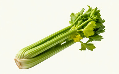 Fototapeta premium Fresh Celery Stalks with Green Leaves on White Background