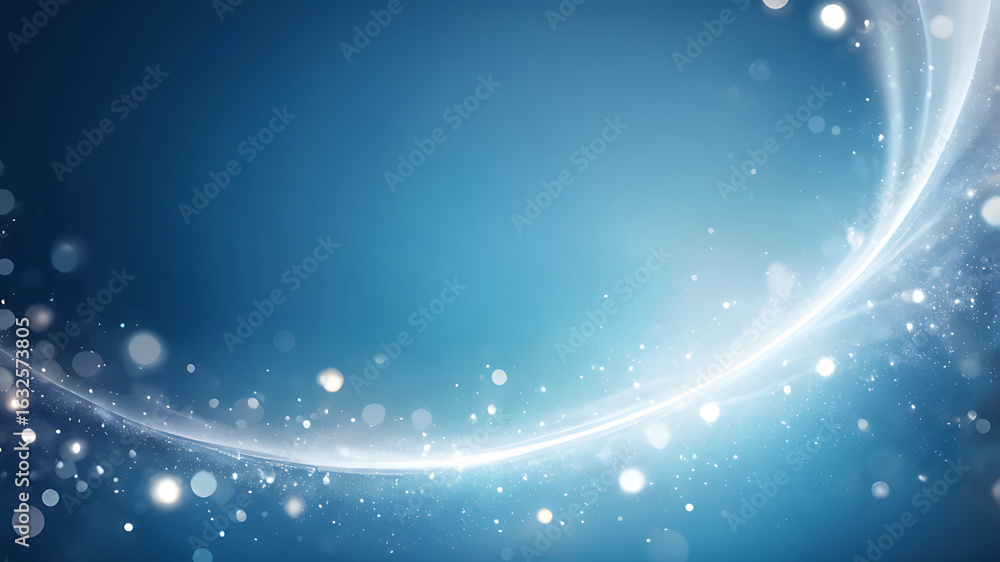 Poster abstract blue background with a glowing light swirl and sparkling bokeh particles. dynamic, ai