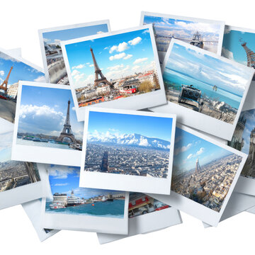A collection of travel photos, laid out like instant prints.  Diverse locations, featuring landmarks and cityscapes, depict various European destinations