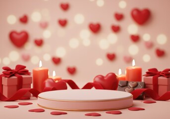 A charming Valentine's Day scene with candles, hearts, gifts, and a podium for display.