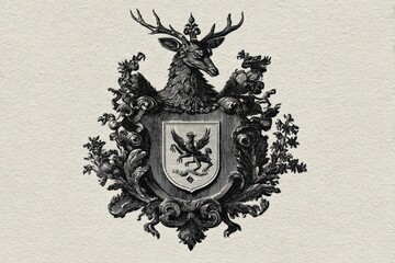 Engraved heraldic coat of arms with griffin shield, stag head and floral ornaments on light beige background