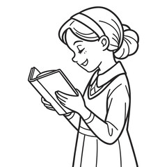 "Minimal line art of a young girl sitting and reading a book, clean vector lines, no background."