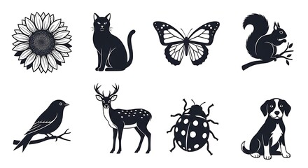 Naklejka premium Black and white silhouettes of various animals and plants.