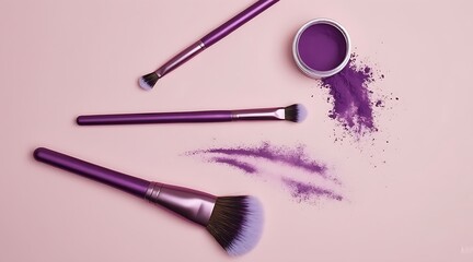 Image of purple makeup brushes and eyeshadow pigment arranged on a pink background
