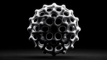 Abstract porous sphere design render in white on black background texture